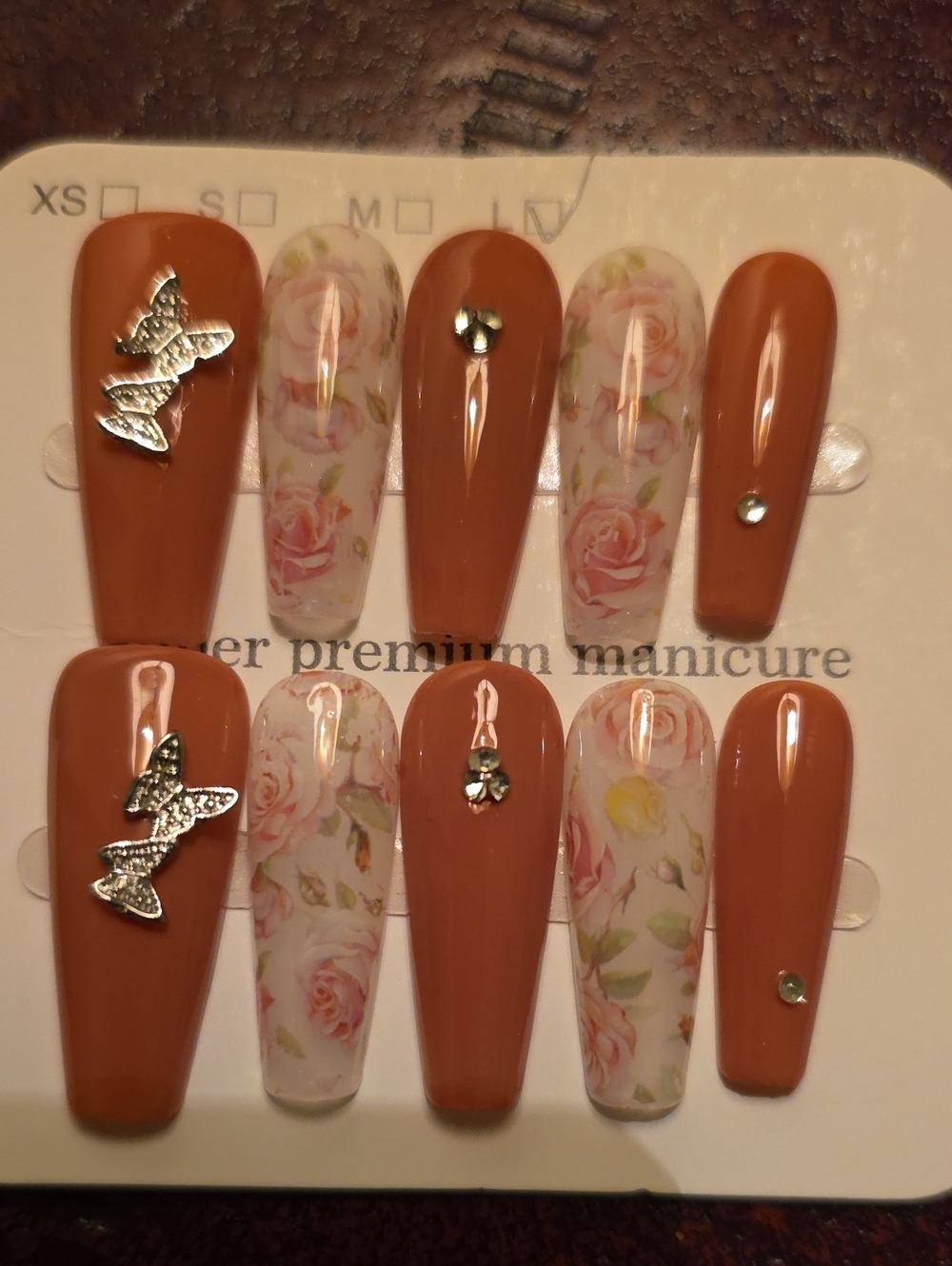 Floral Rose Accent Press-On Nails in Burnt Orange - Women Makeup